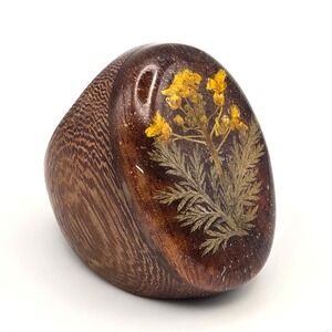Handmade Wood and Resin Statement Ring with Real Dried Yellow Flower Size 7.5